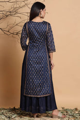 Navy Chanderi Silk Printed Layered Kurta Dress With Purse & Hair-Band